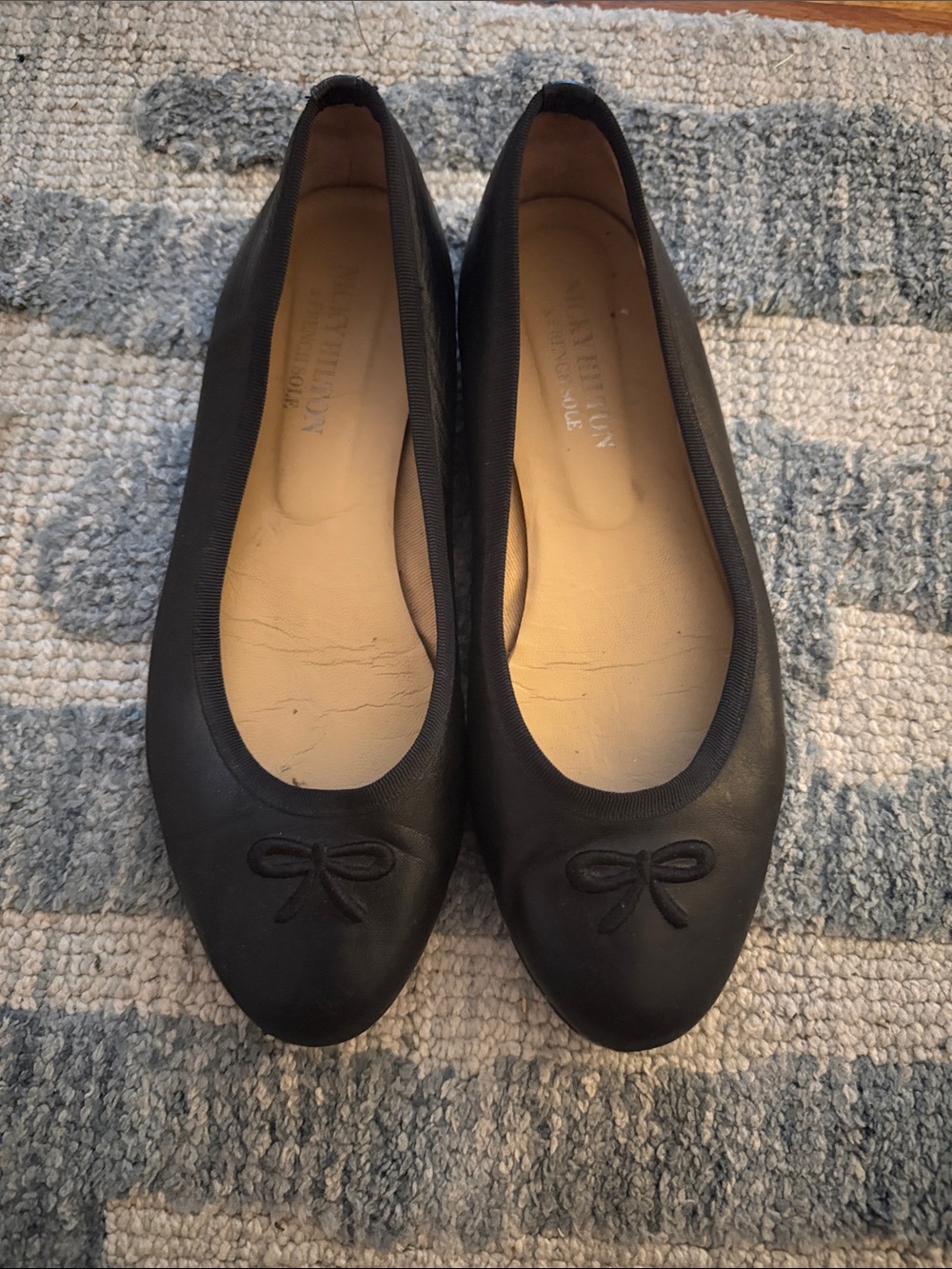 French Sole Black Leather Ballet Flats with Bow Accent